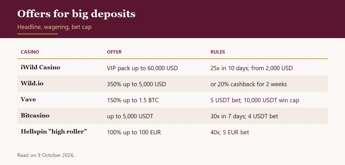 Table of high roller and large welcome offers with their wagering and bet caps