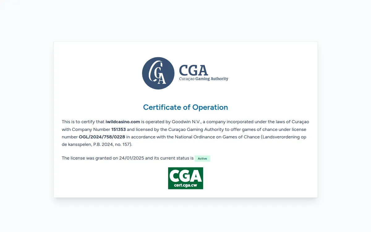 Curaçao Gaming Authority certificate for Goodwin N.V., operator of iWild Casino