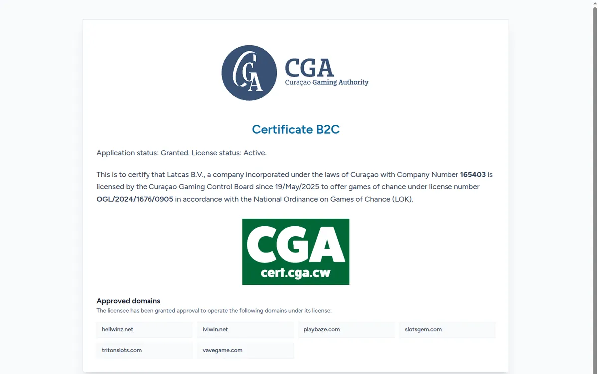 Curaçao Gaming Authority certificate for Latcas B.V.